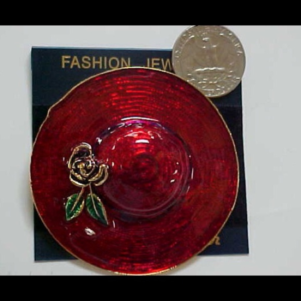 very large red hat pin purple flower brooch